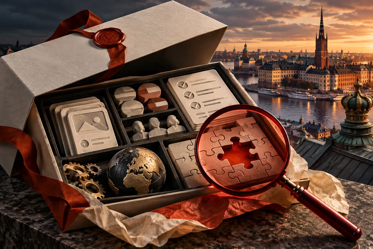 A red lens exposes a missing puzzle piece in a proposal beside a Stockholm waterfront. Conceptual Swedish ASO agency evaluation artwork.