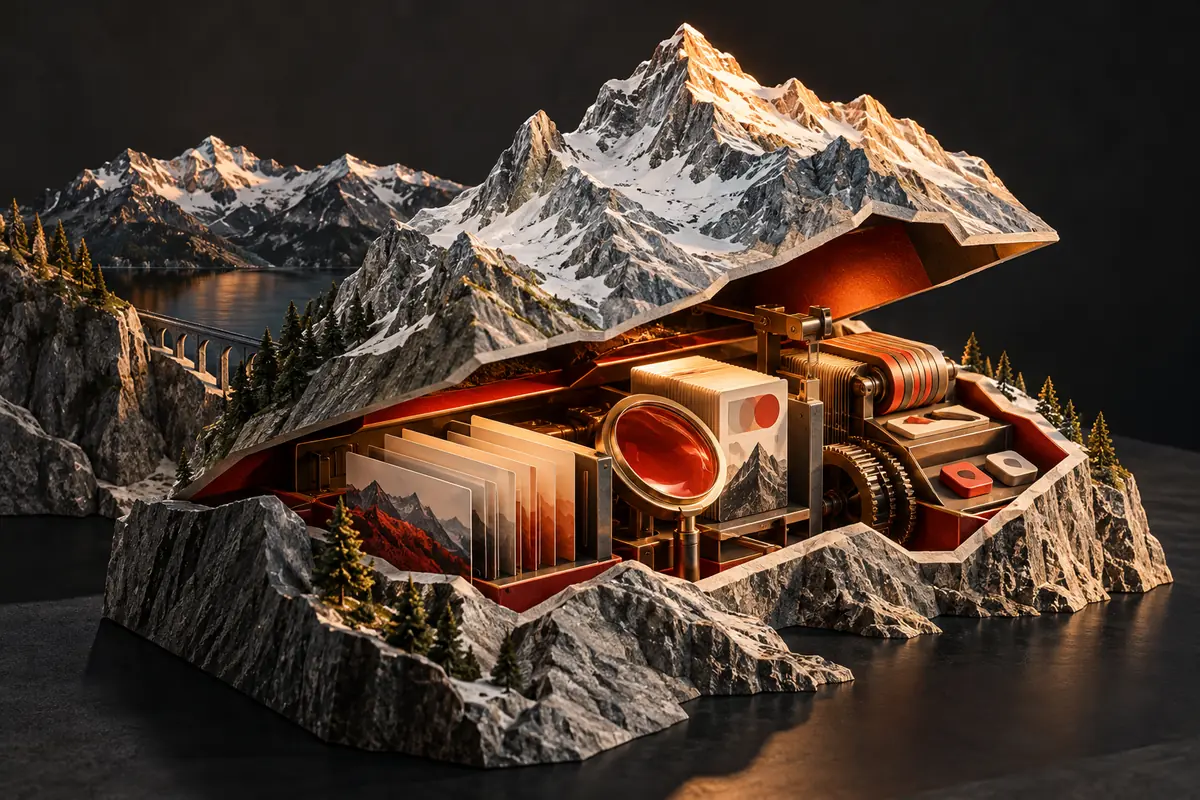 An Alpine peak opens into a cutaway proposal with creative assets and working parts. Conceptual Swiss ASO agency evaluation artwork.