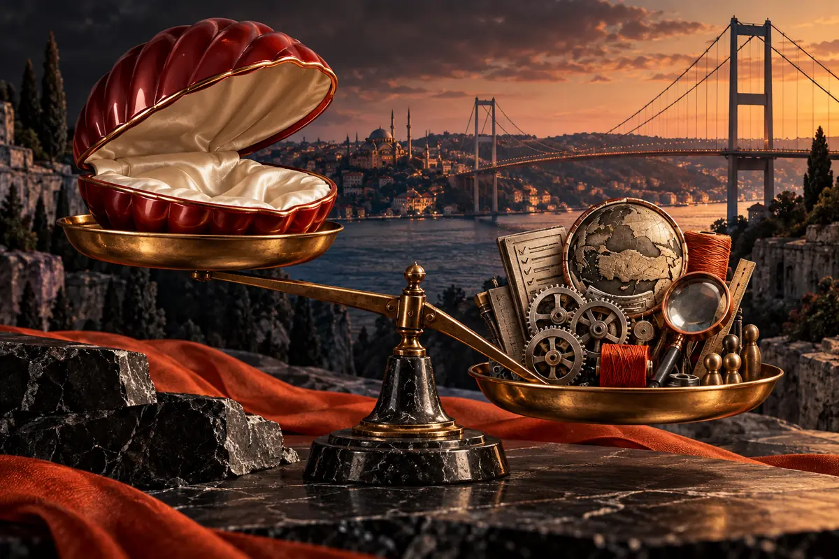 An empty polished shell balances against actual working parts beside a Bosphorus bridge. Conceptual artwork for choosing an ASO agency in turkey.