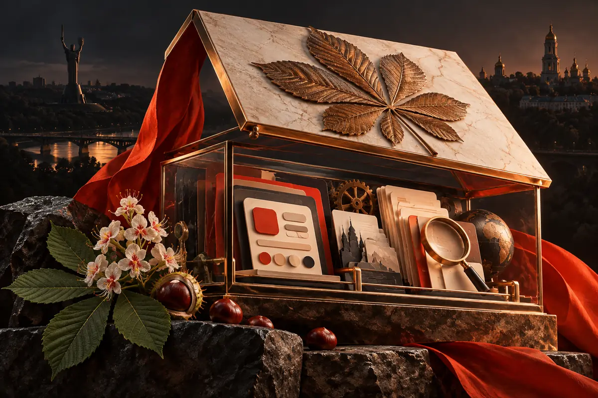 A chestnut-leaf case opens to reveal listing and review materials. Conceptual artwork for choosing an ASO agency in ukraine.