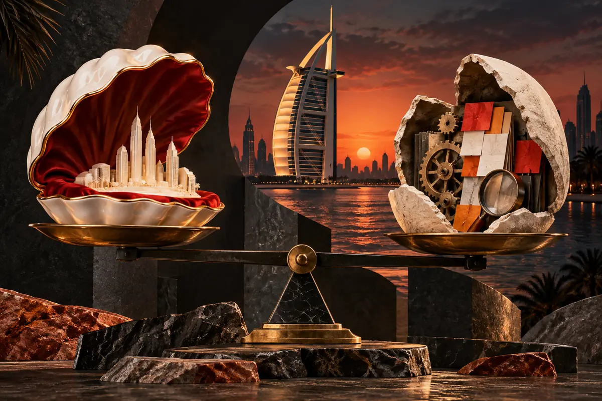 A polished shell balances against working parts beside a sail-shaped Dubai tower. Conceptual ASO agency evaluation artwork.