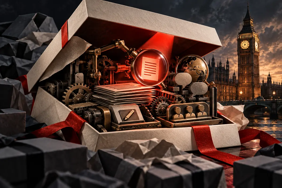 An opened proposal reveals a document inspection lens and working parts beside a London clock tower. Conceptual artwork for choosing an ASO agency in united kingdom.