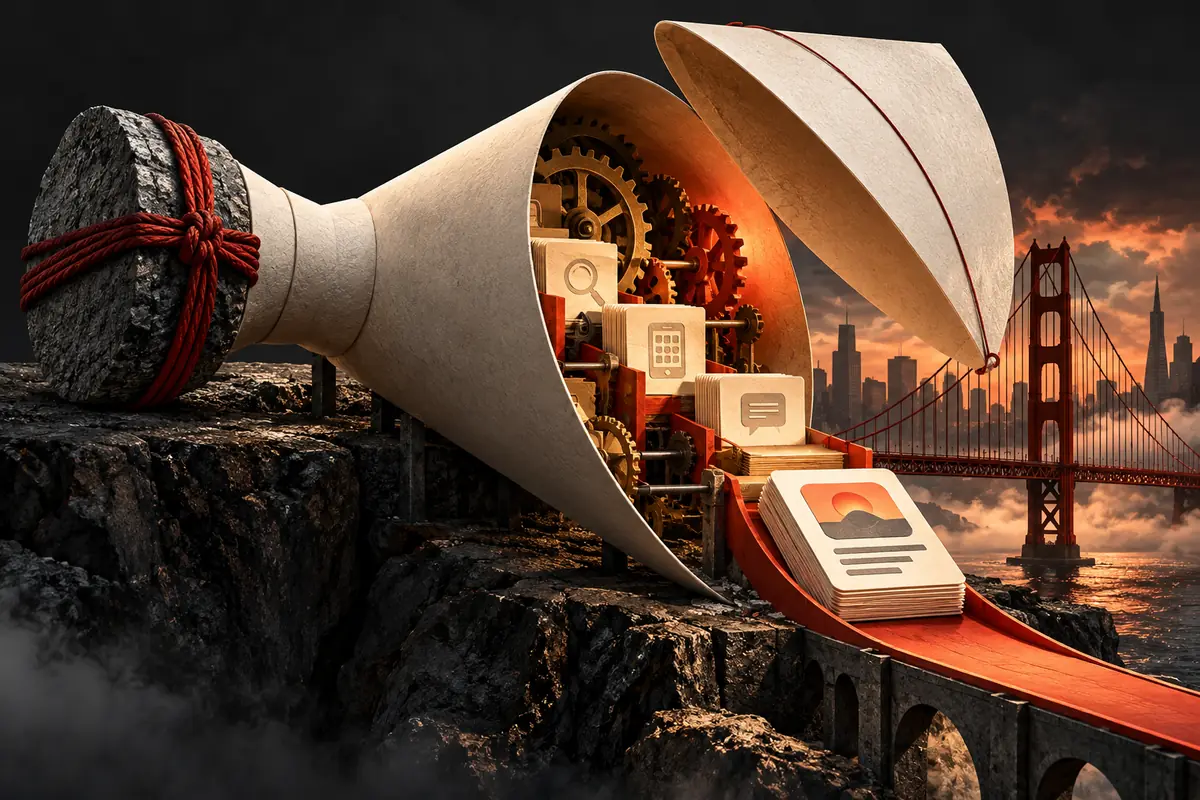 A blocked paper megaphone opens to reveal listing and messaging materials beside a suspension bridge. Conceptual artwork for choosing an ASO agency in united states.