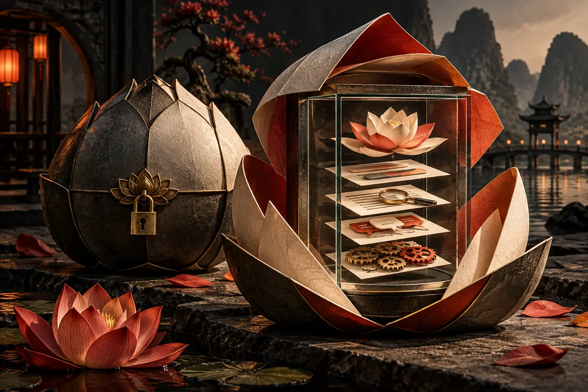 A paper lotus opens into a glass display of proposal and review layers. Conceptual artwork for choosing an ASO agency in vietnam.