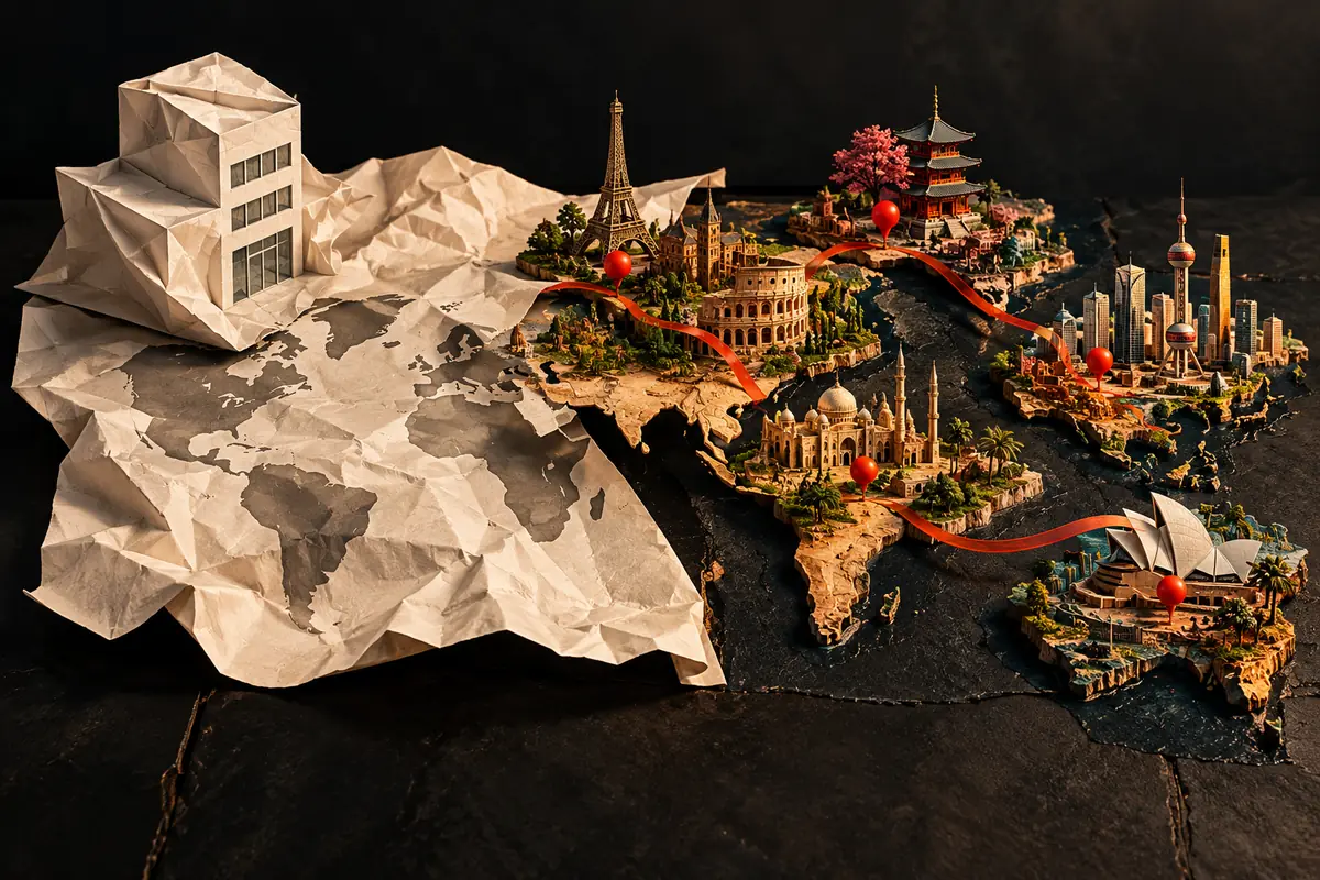 A crumpled office and paper world map contrast with vivid miniature market landmarks, illustrating market expertise beyond an office address.