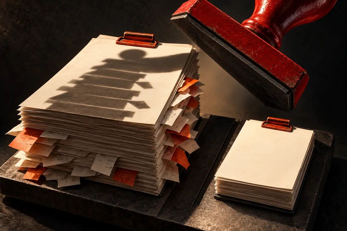 An oversized stamp casts a large shadow over uneven stacks of proposal paper, illustrating the scope behind an ASO quote.