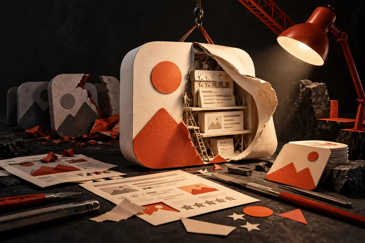 An app icon peels open to reveal the creative and listing work behind its surface.