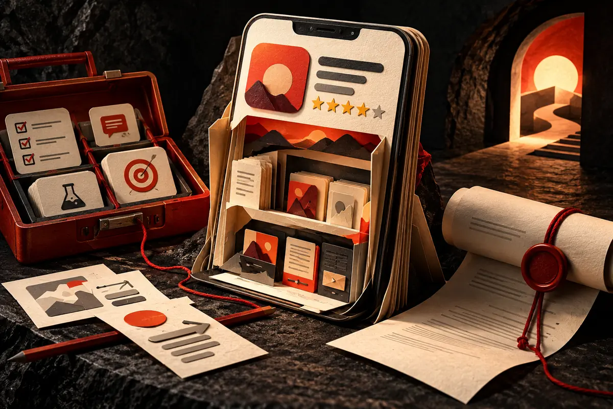 An opened app phone and review toolkit illustrate learning to evaluate ASO agency proposals.