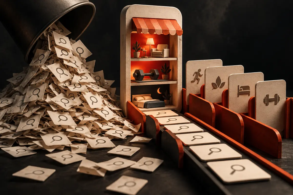 A large pile of search-term cards sorts into relevant app-store keyword groups.