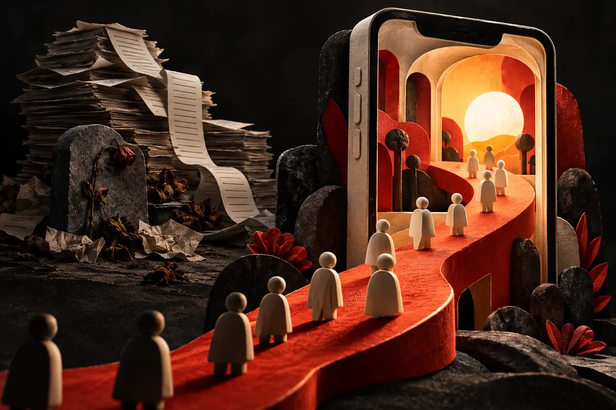 People follow a red route into a clear app storefront while old papers fall away.