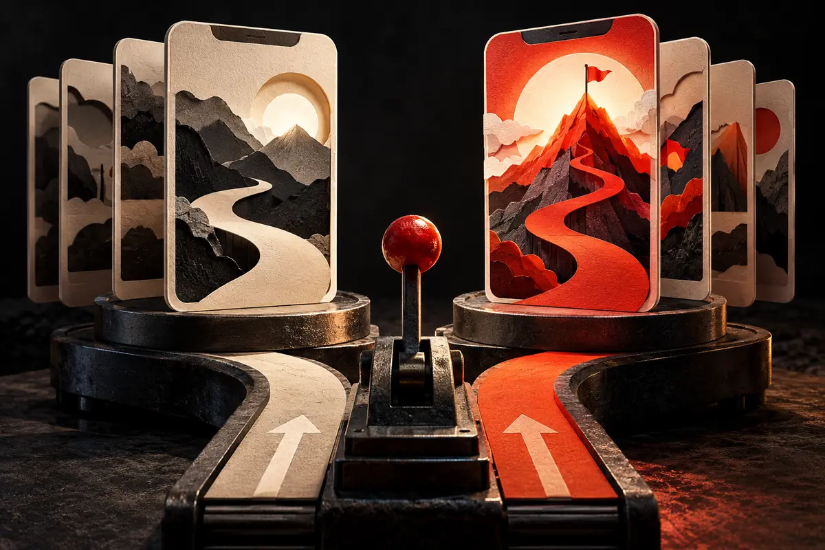Two screenshot variants stand beside separate visitor paths and an experiment lever.