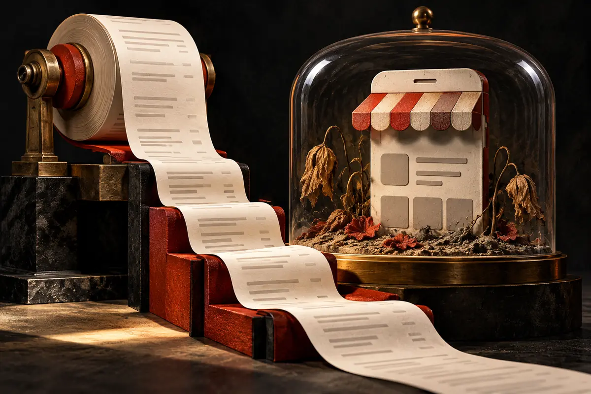 A long invoice unrolls beside an app storefront under glass.