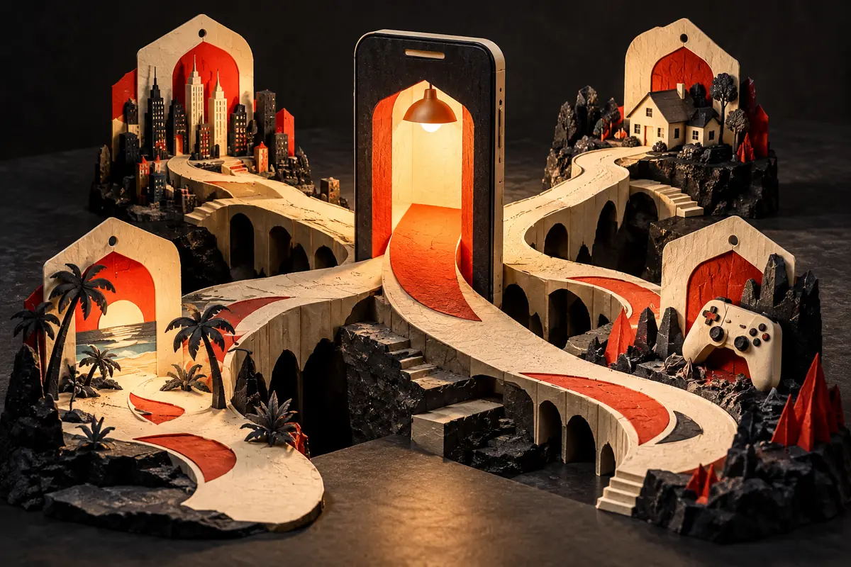 Audience-specific routes branch from one Android storefront to distinct landing scenes.