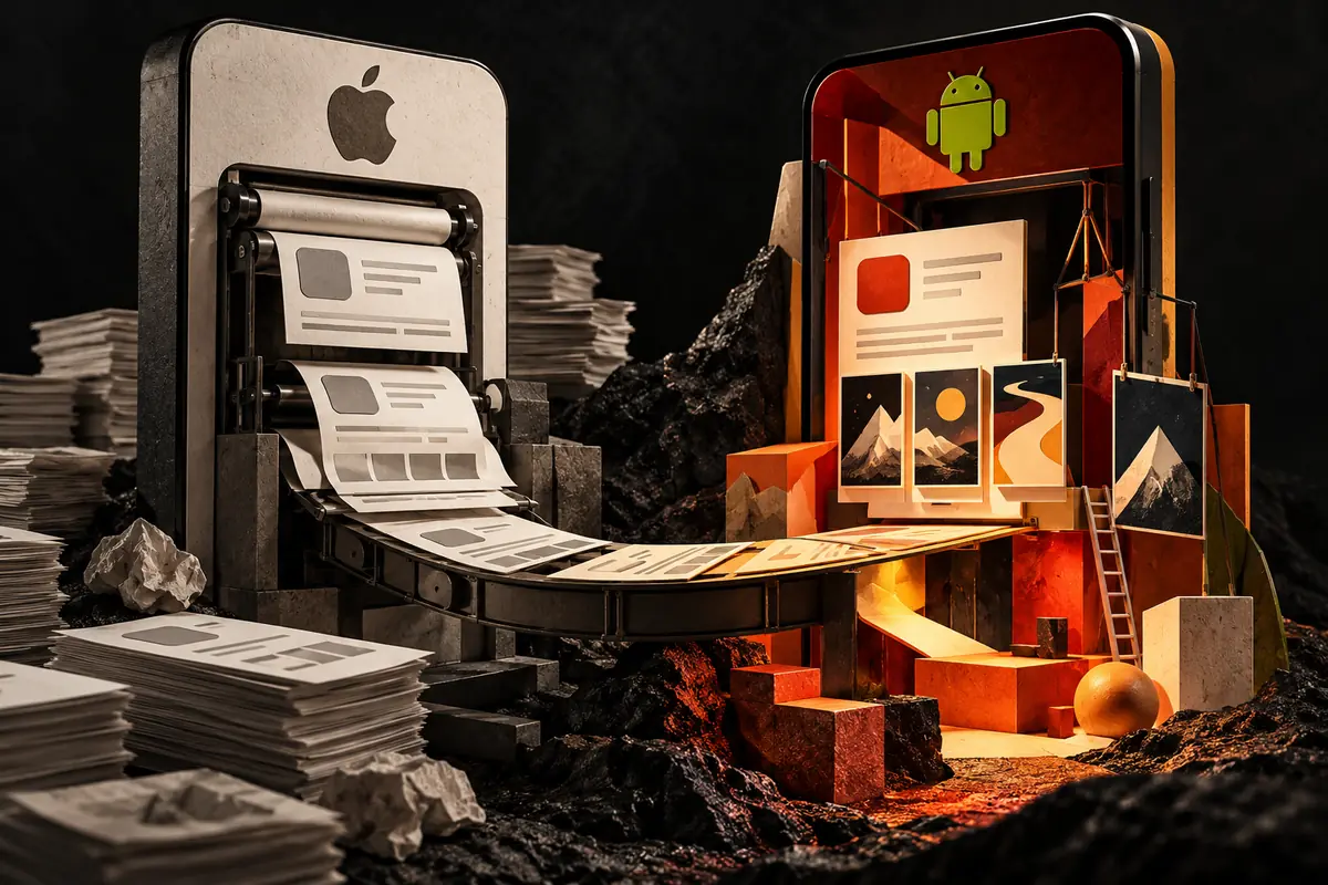 An iOS listing crosses a bridge into a distinct Android storefront.