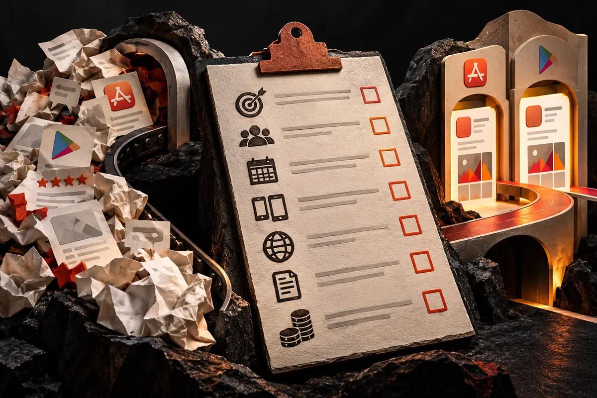 A proposal checklist compares scope and deliverables across two app stores.
