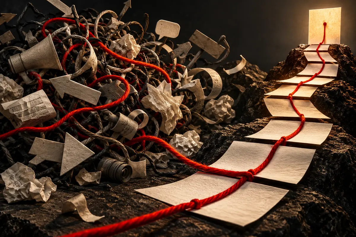 A red thread leads from tangled marketing symbols onto a clear paper path, introducing practical ASO guides.