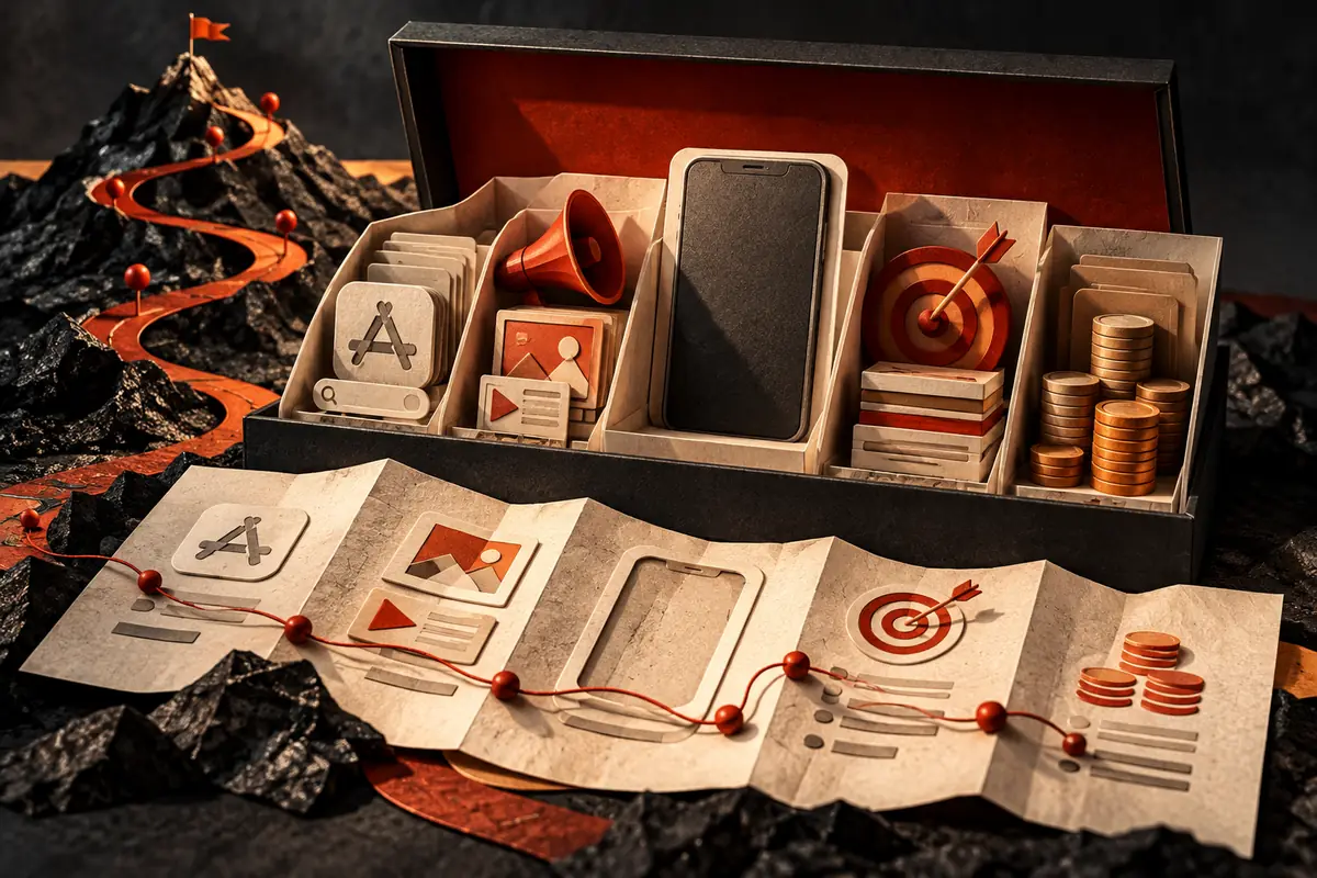 A paper acquisition plan connects app discovery, targeting and budget pieces. Conceptual artwork for the admiral media ASO agency review.