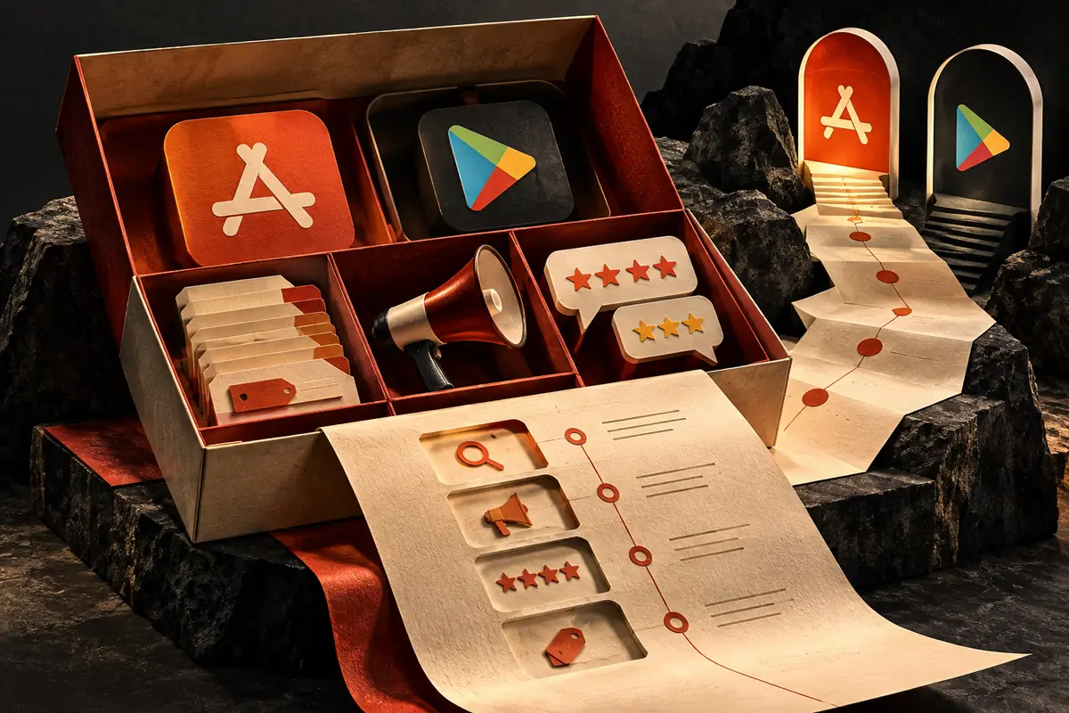 A marketing case contains store symbols, review cards and a discovery checklist. Conceptual artwork for the angle agency ASO agency review.