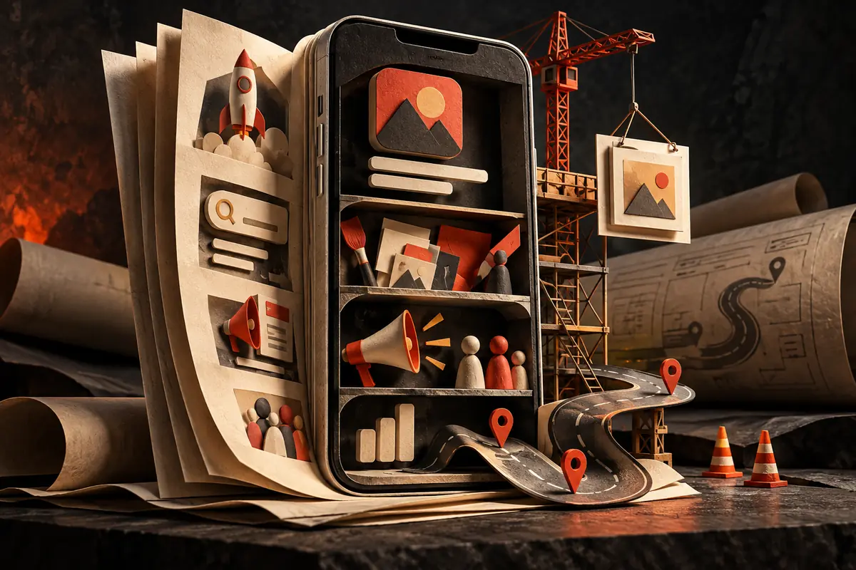 A cutaway phone reveals listing, creative and audience work beside a launch plan. Conceptual artwork for the app guardians ASO agency review.