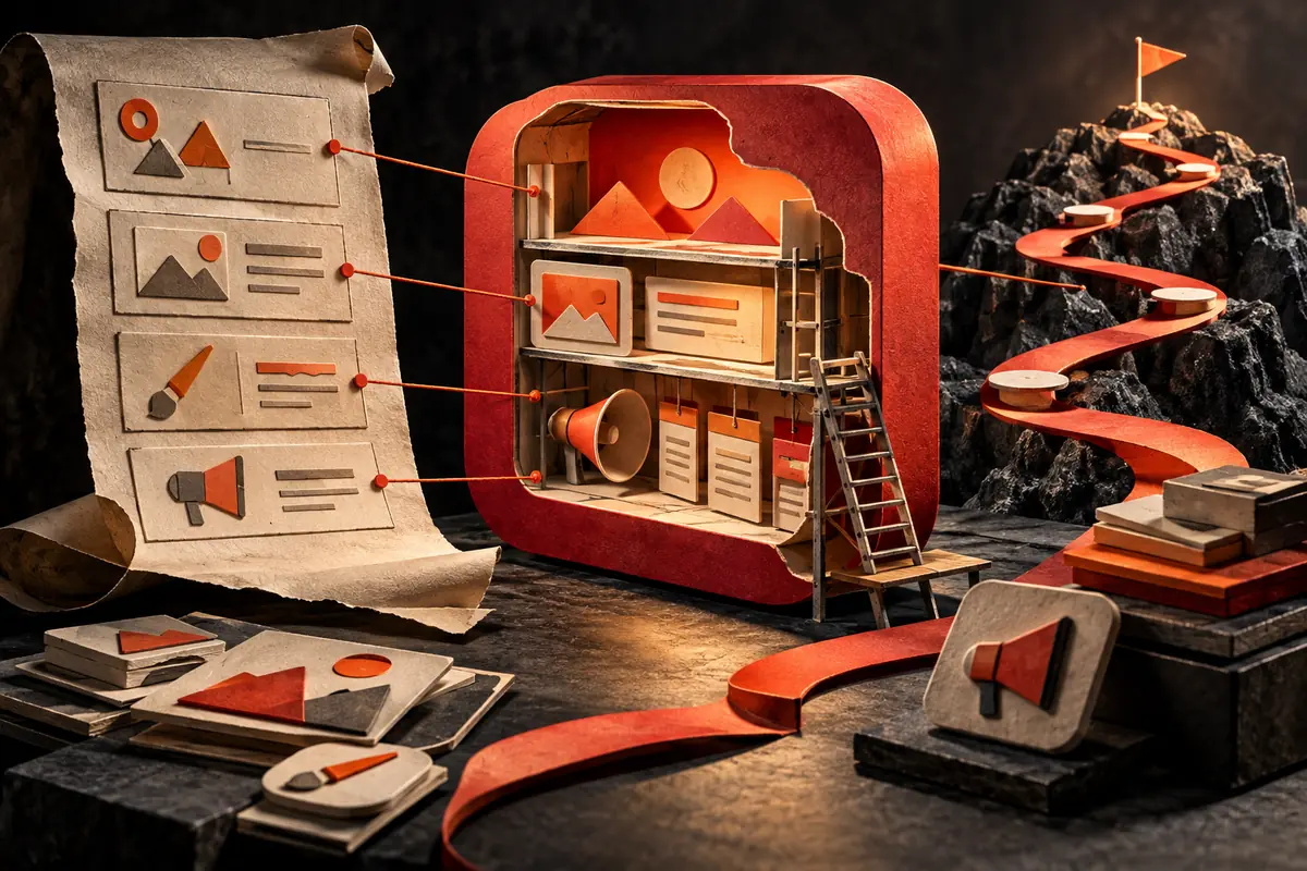 A listing checklist connects creative and marketing materials to a winding improvement path. Conceptual artwork for the app masters ASO agency review.