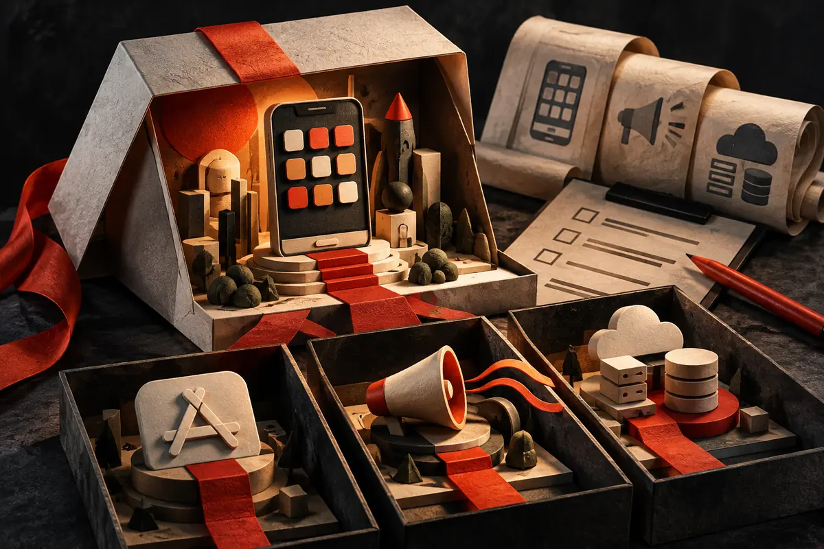 An open marketing kit separates app, data and communication work beside a checklist. Conceptual artwork for the app media ASO agency review.