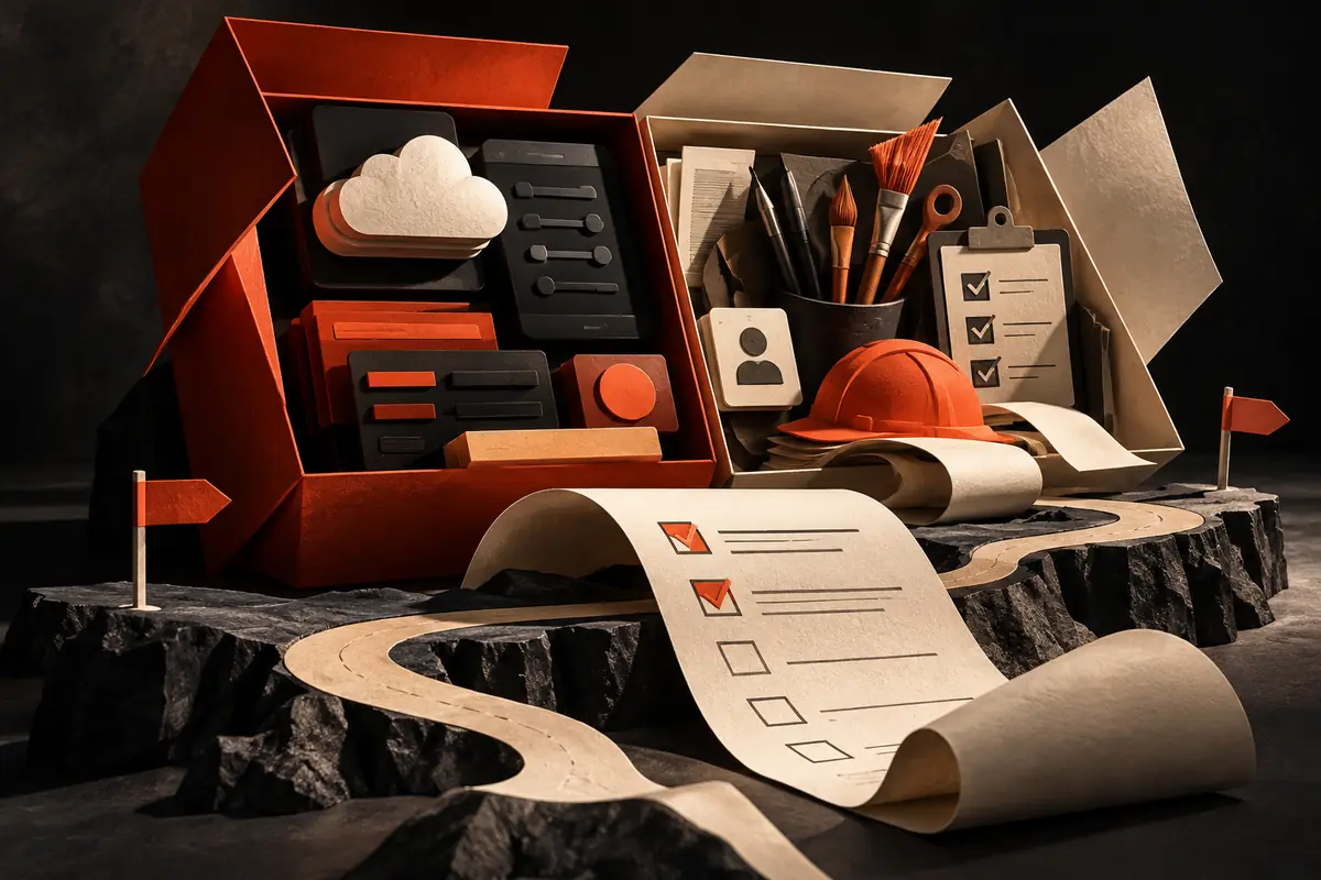 An open toolbox groups data, creative and implementation materials beside a checklist. Conceptual artwork for the app radar ASO agency review.