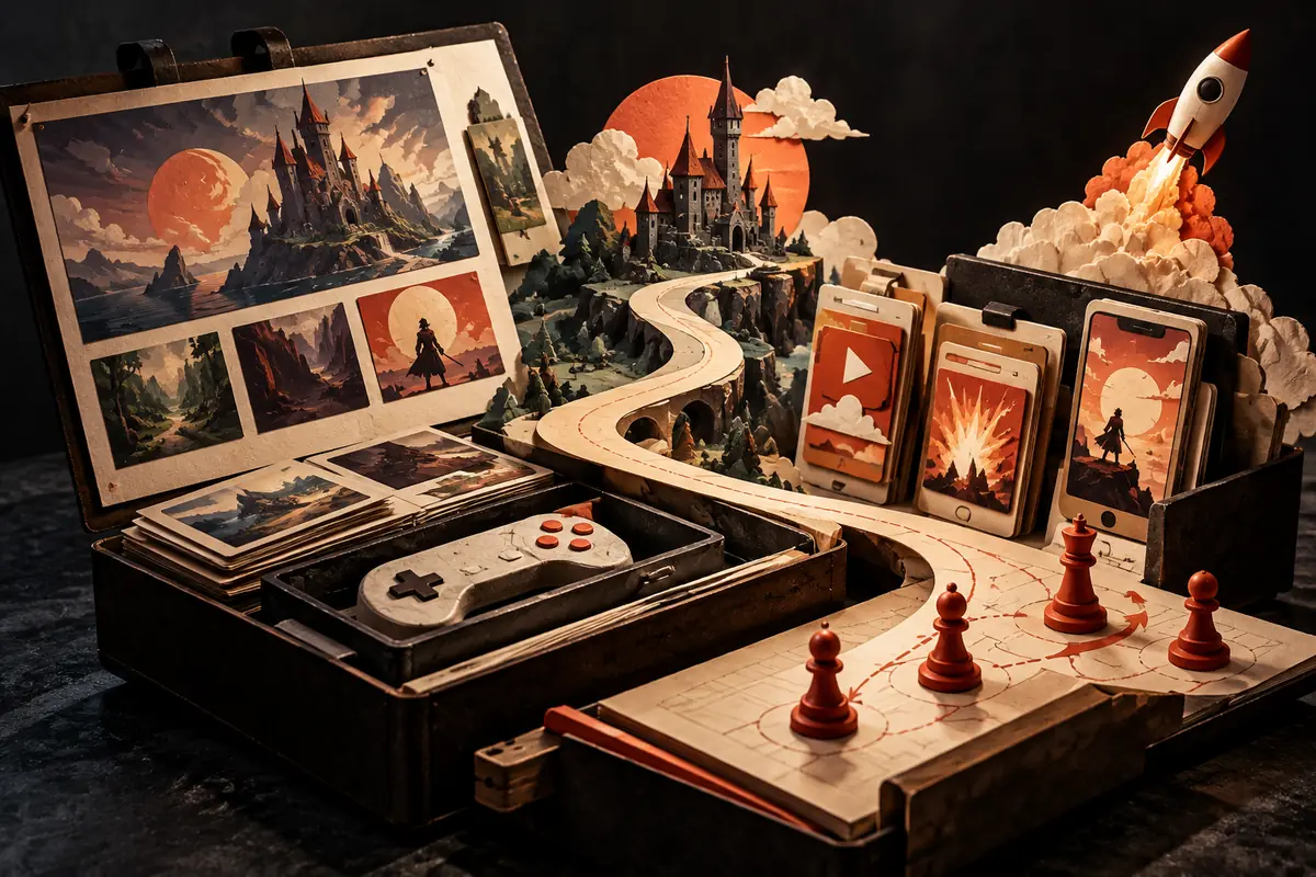Game worlds, store creatives and a controller emerge from an app-marketing kit. Conceptual artwork for the appagent ASO agency review.