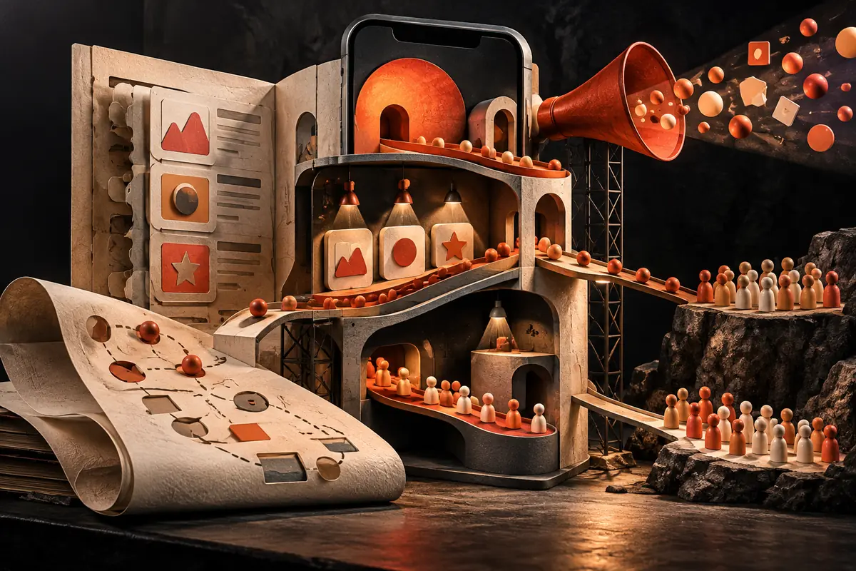 A cutaway app-marketing system connects listing assets and communication to audience groups. Conceptual artwork for the appbooster ASO agency review.