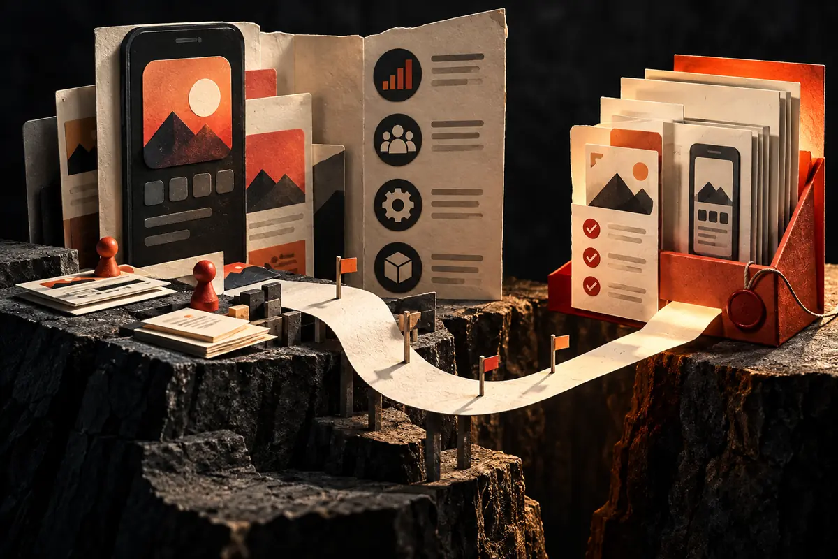 A paper bridge connects listing and service information to an organized review folder. Conceptual artwork for the appfillip ASO agency review.