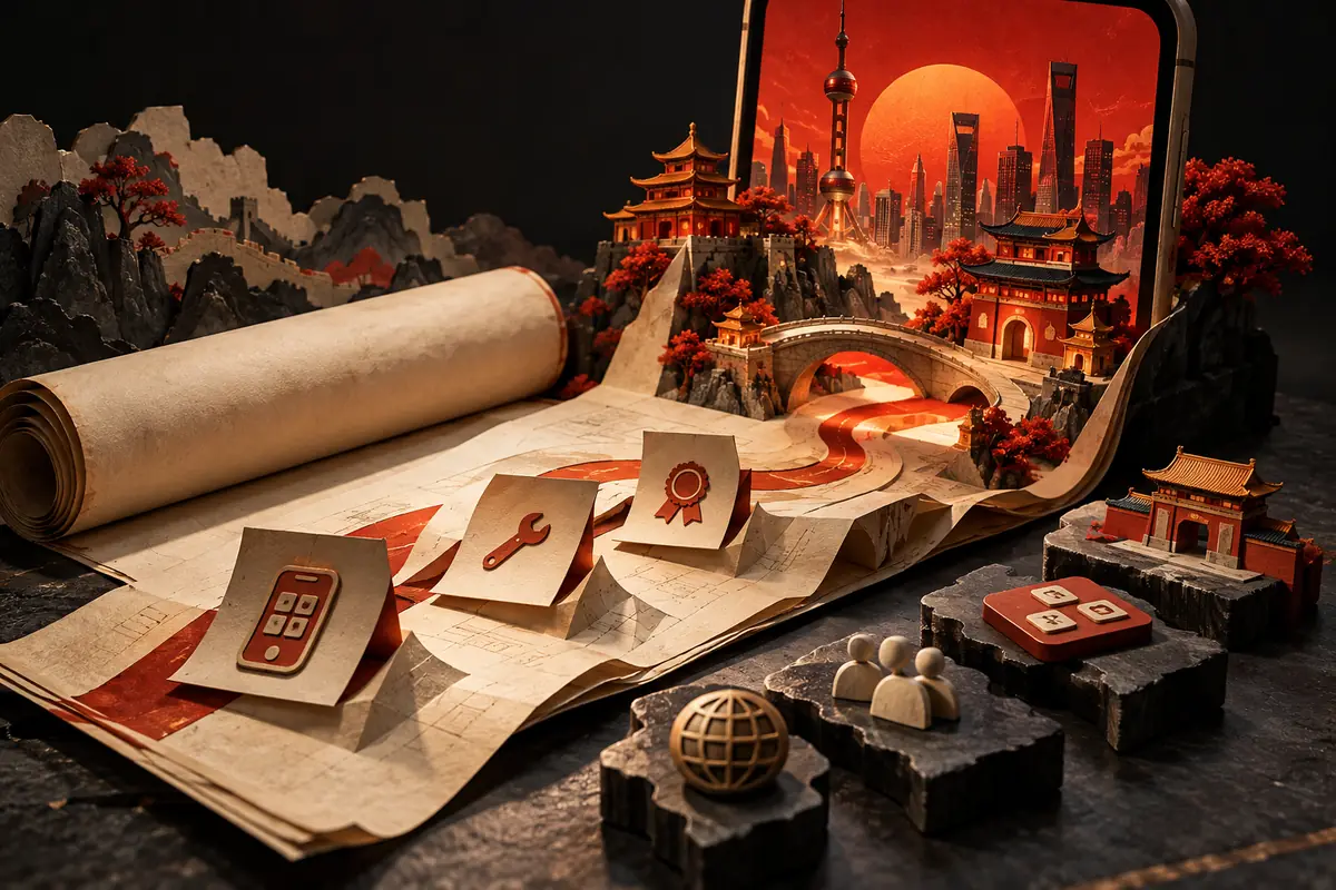 A paper market-entry plan leads to a phone framed by Chinese city architecture. Conceptual artwork for the appinchina ASO agency review.