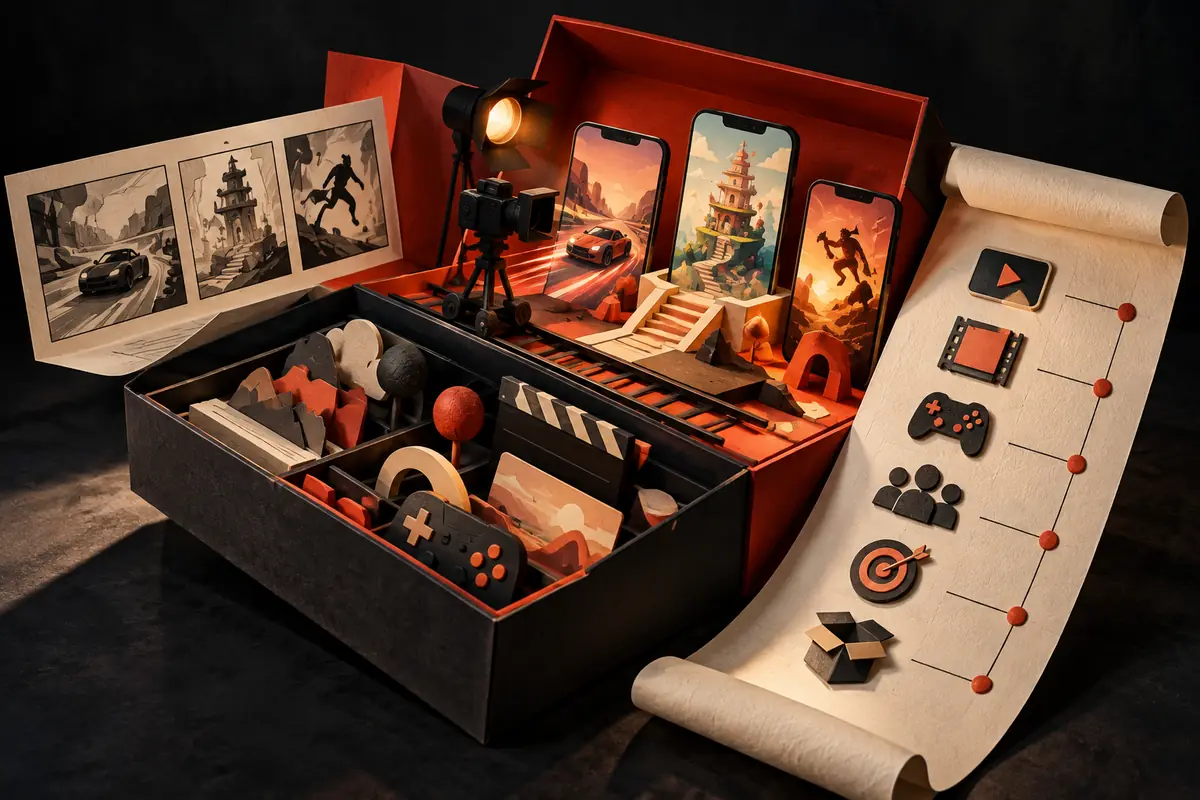 A video-production kit contains a camera, storyboards, game scenes and a creative brief. Conceptual artwork for the apptamin ASO agency review.
