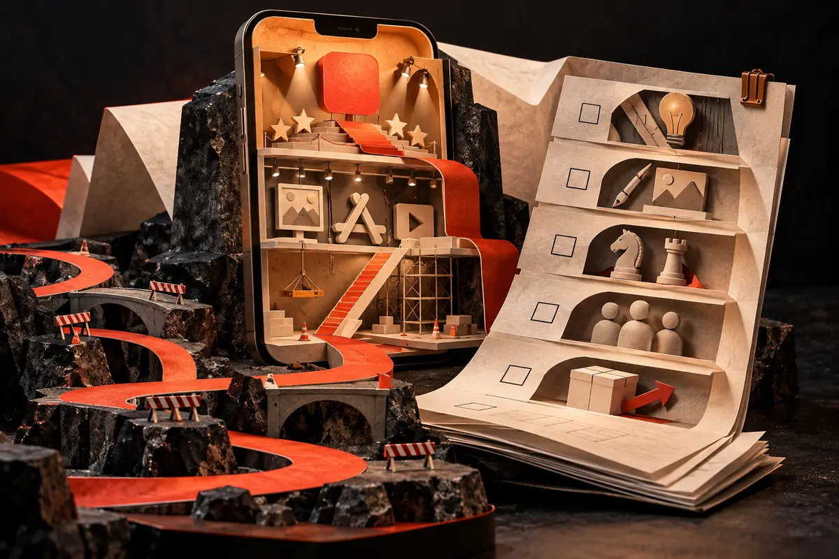 A cutaway phone reveals listing and strategy work behind a checklist. Conceptual artwork for the asoworld ASO agency review.
