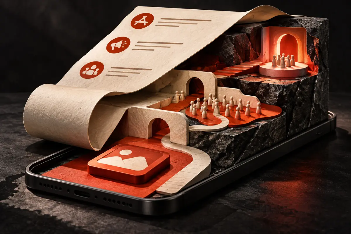 A service checklist lifts to reveal the audience journey beneath an abstract app listing. Conceptual artwork for the consultmyapp ASO agency review.