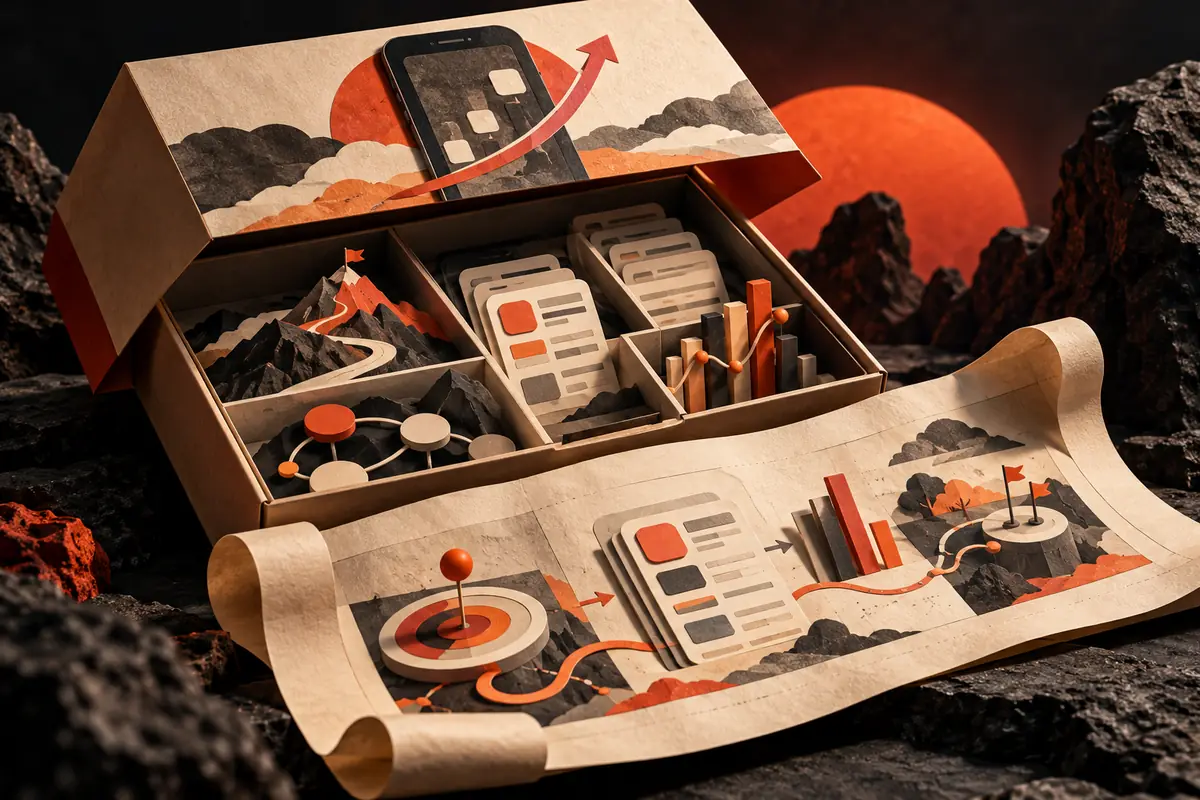 An open growth kit reveals targeting, audience and listing work above a paper plan. Conceptual artwork for the customlytics ASO agency review.