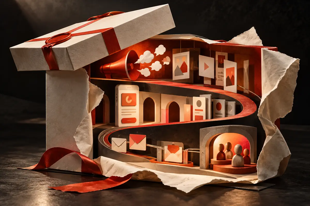 An unwrapped marketing package reveals creative, messaging and audience layers. Conceptual artwork for the favoured ASO agency review.