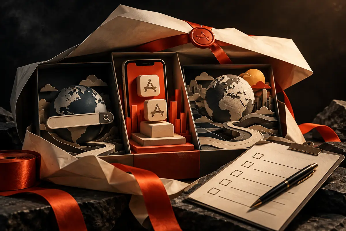 An open envelope contains a phone, global-market spheres and a review checklist. Conceptual artwork for the gogochart ASO agency review.
