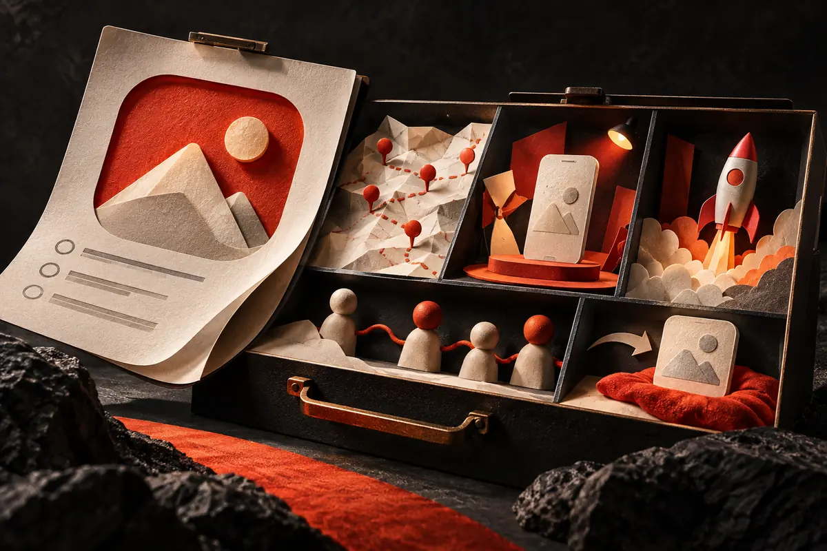 A compartmented marketing case contains listing creative, a launch rocket and audience pieces. Conceptual artwork for the kurve ASO agency review.