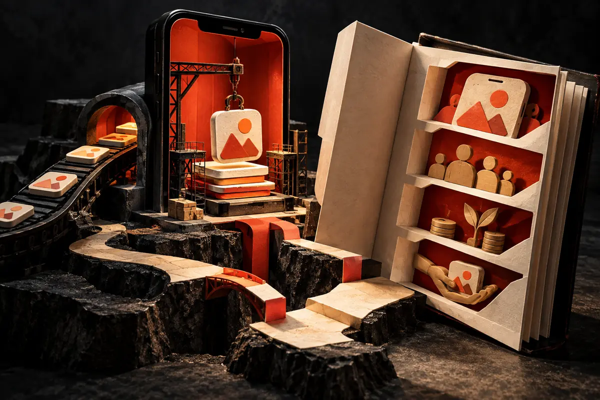 A miniature production line moves app creative from construction to a review checklist. Conceptual artwork for the lab cave ASO agency review.