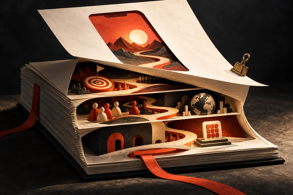 Layered paper briefs reveal an audience journey beneath an abstract app listing. Conceptual artwork for the mc saatchi performance ASO agency review.