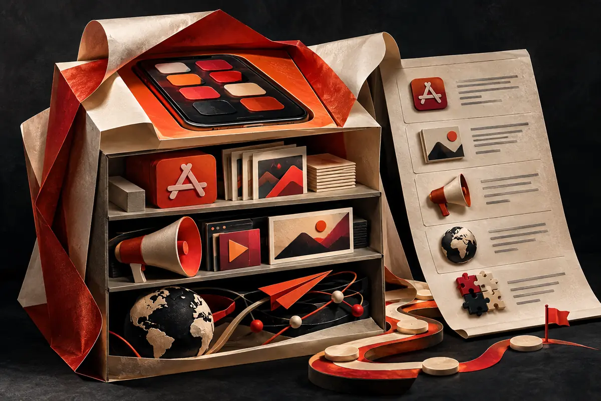 A wrapped app-marketing toolkit reveals creative, advertising and localization materials. Conceptual artwork for the moburst ASO agency review.