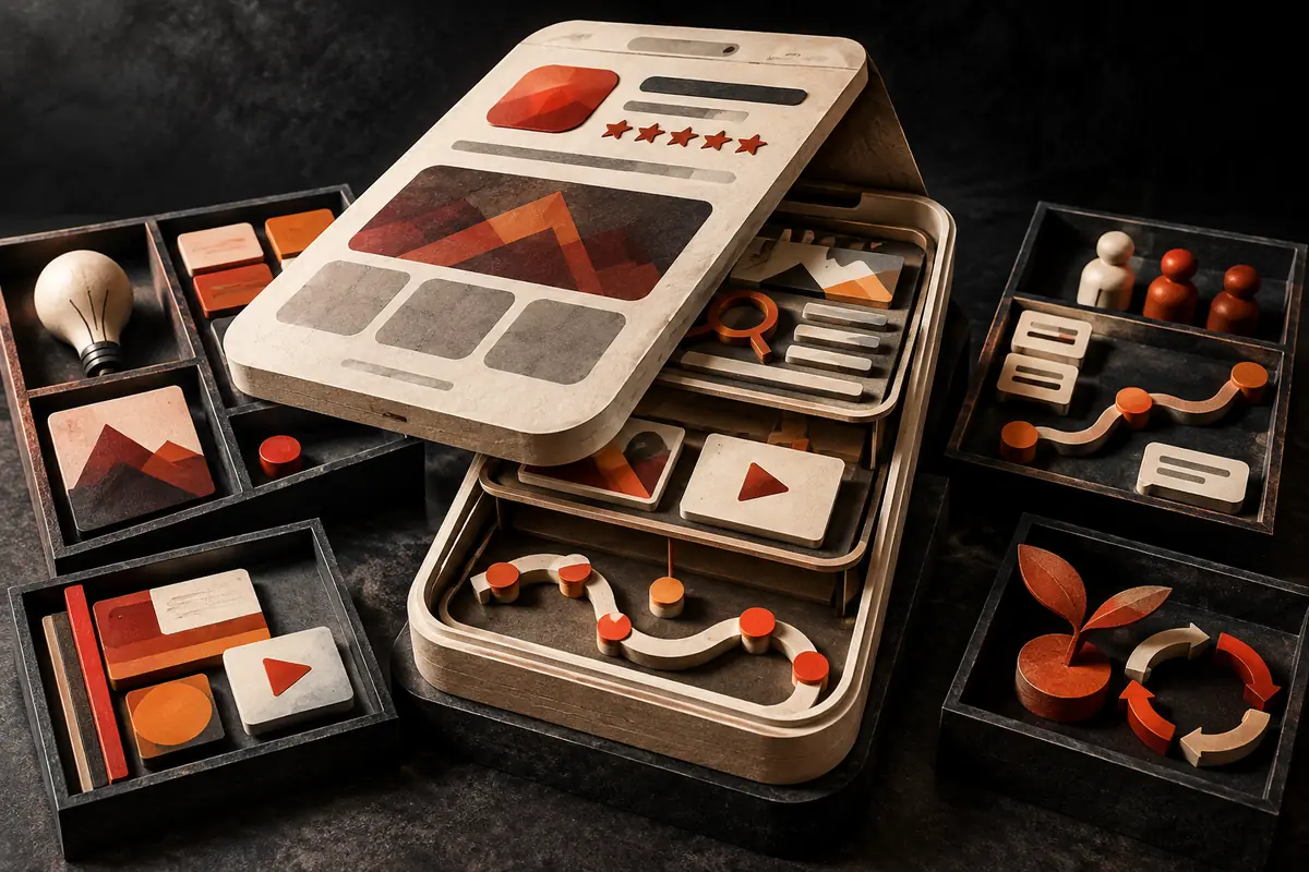 An abstract app listing lifts open to reveal separate creative, research and audience compartments. Conceptual artwork for the phiture ASO agency review.