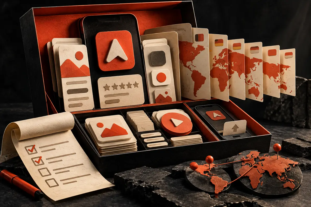 A marketing case holds listing assets, a localization map and a checklist. Conceptual artwork for the pickaso ASO agency review.