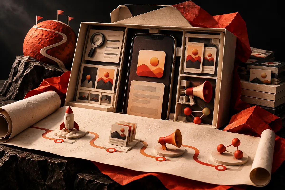 A launch toolkit connects an app listing, creative cards and a rocket. Conceptual artwork for the preapps ASO agency review.