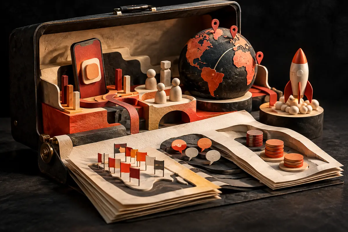 An open brief connects a globe, market flags and budget tokens to an abstract app journey. Conceptual artwork for the radaso ASO agency review.