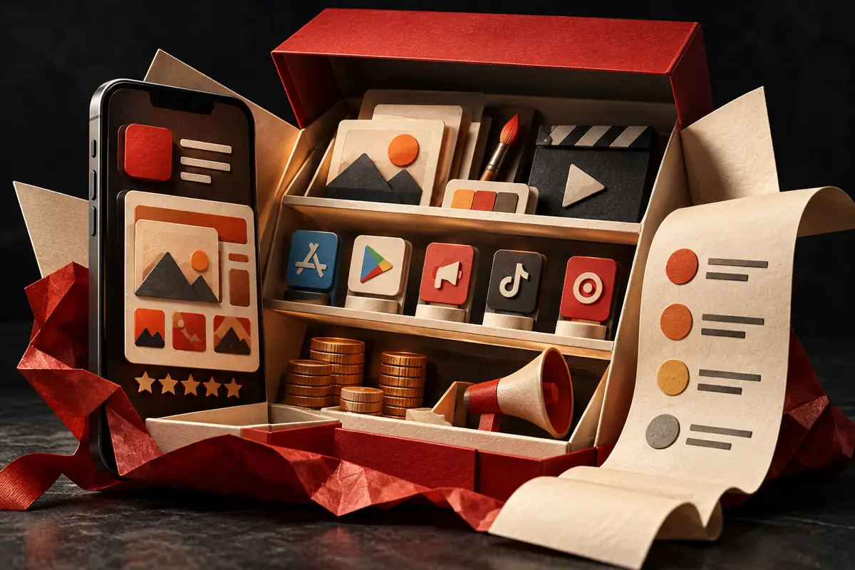 A red box holds store, advertising and creative cards beside a delivery checklist. Conceptual artwork for the redbox mobile ASO agency review.