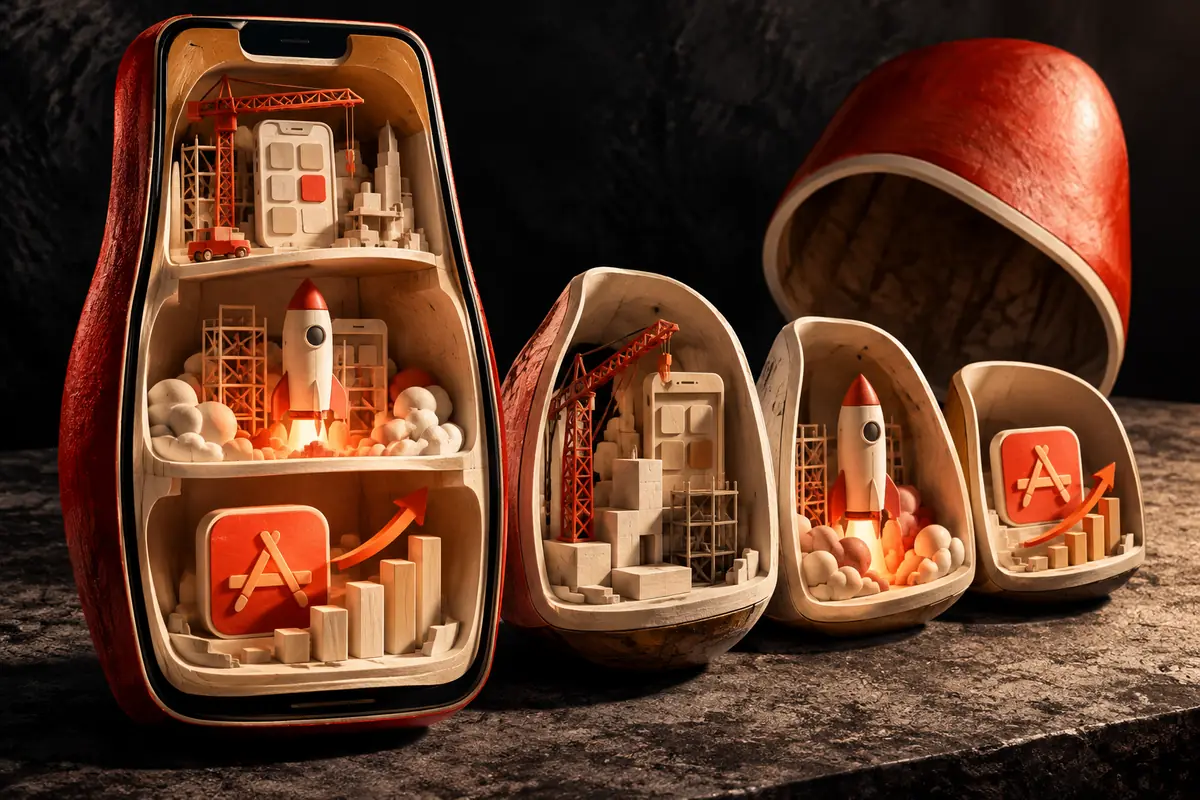Nested sculptural capsules reveal app construction, launch and store-marketing layers. Conceptual artwork for the sem nexus ASO agency review.