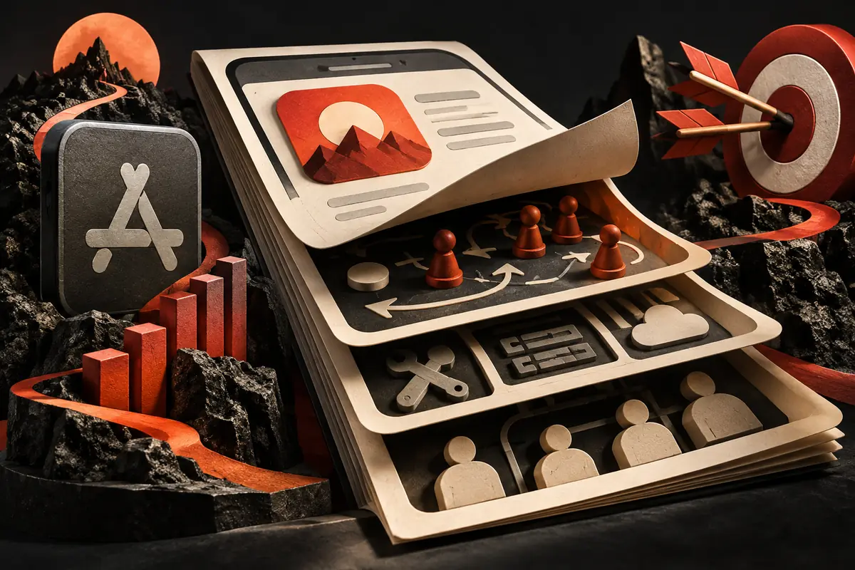An app listing lifts to expose audience, tools and experiment layers beside a target. Conceptual artwork for the splitmetrics agency ASO agency review.