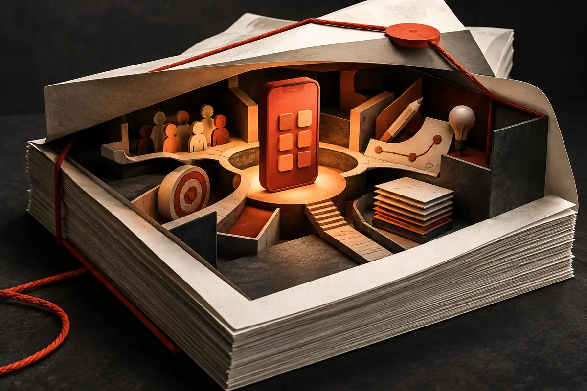 An opened book reveals a central app surrounded by strategy and creative compartments. Conceptual artwork for the studio mosaic ASO agency review.