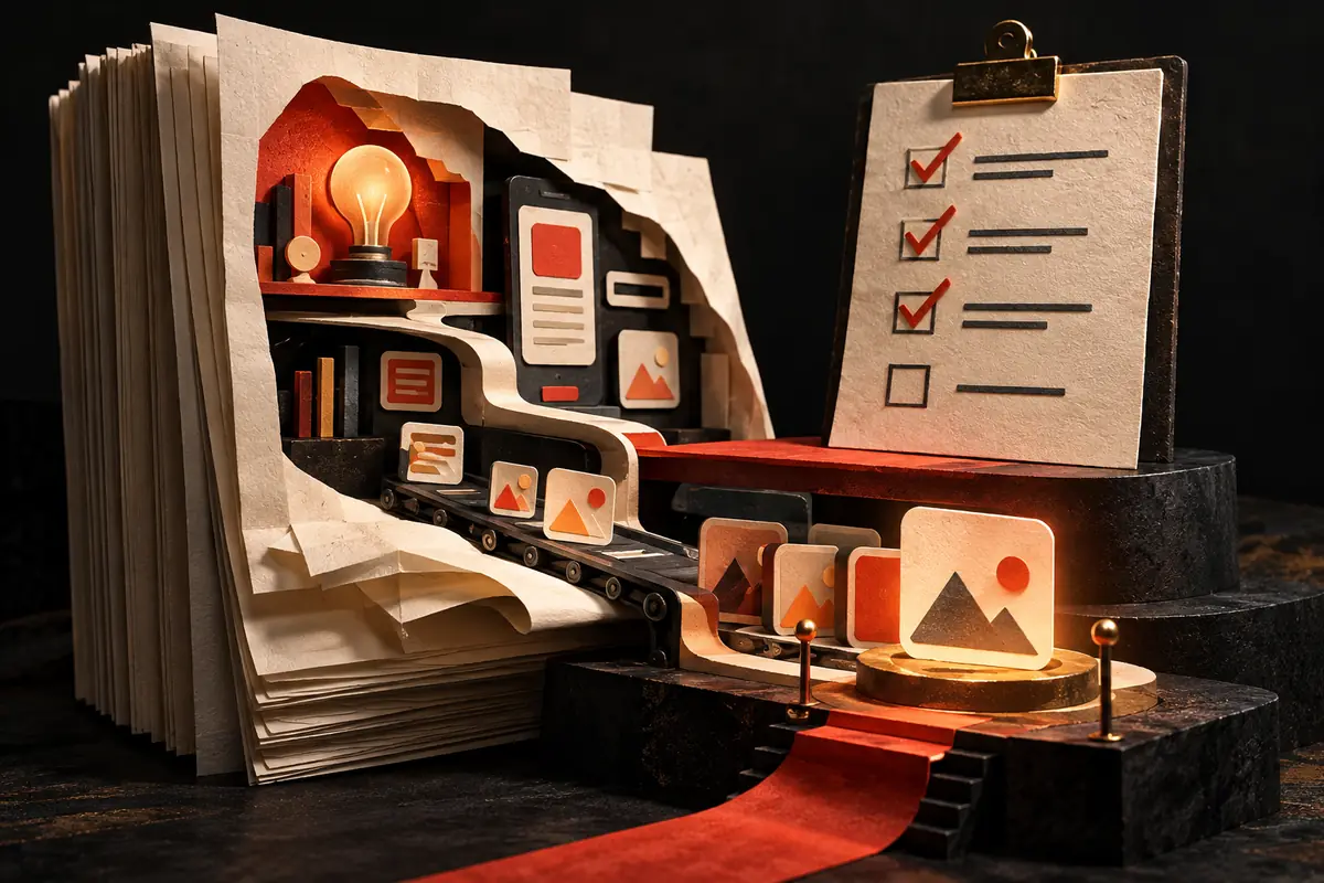 An open paper book reveals listing assets moving through a review checklist. Conceptual artwork for the the aso project ASO agency review.