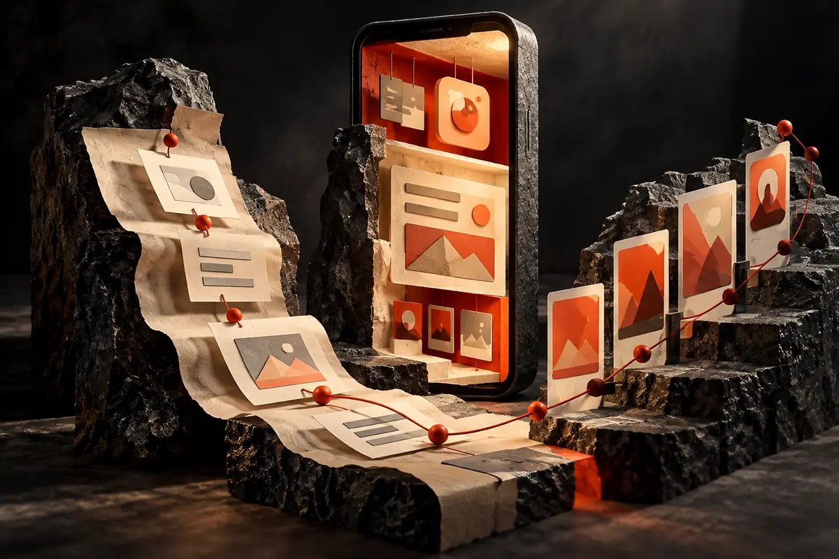 An abstract phone connects a paper listing brief to successive creative cards. Conceptual artwork for the wuzzon ASO agency review.